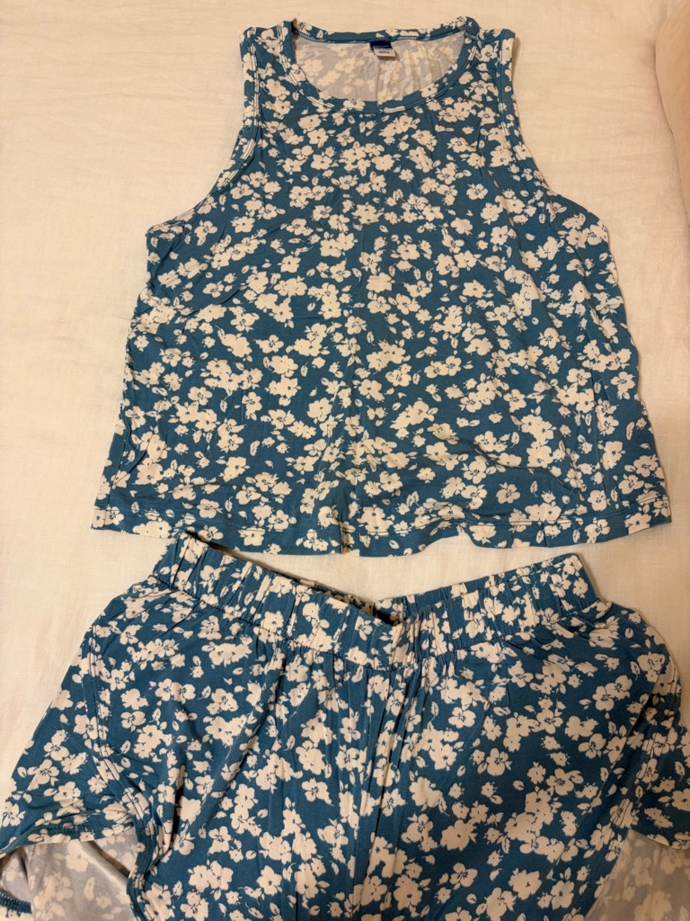 Blue Floral Tank and Shorts Pajama Set - White Flower Print